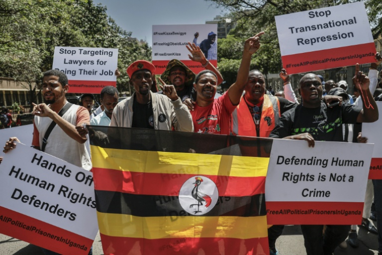 Des partisans du vétéran de l'opposition ougandaise Kizza Besigye brandissent un drapeau ougandais lors d'une manifestation pour sa libération, à Nairobi, la capitale du Kenya, le 24 février 2025 ( AFP / SIMON MAINA )