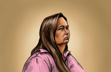 Croquis diffusé par la Cour suprême de Victoria, le 29 avril 2025, montrant l'Australienne Erin Patterson, accusée d'avoir tué trois personnes en leur servant un bœuf Wellington agrémenté de champignons vénéneux ( Cour suprême de Victoria / Paul Tyquin )