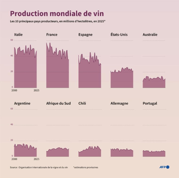 Infographie montrant l'évolution entre 2000 et 2025 de la production de vin des 10 principaux pays producteurs en 2025, selon des estimations provisoires de l'Organisation Internationale de la vigne et du vin ( AFP / Jonathan WALTER )