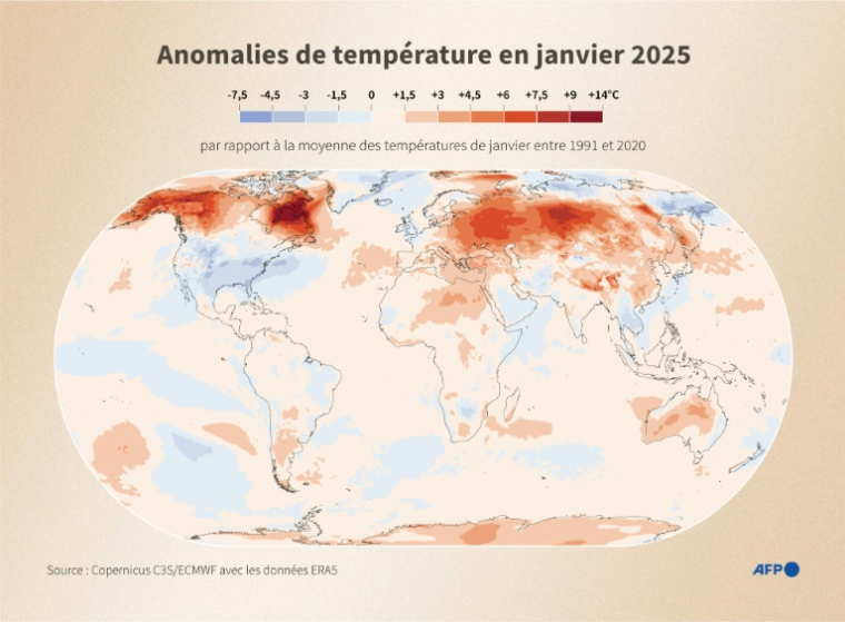 Carte du monde montrant les anomalies de température à la surface du globe enregistrées en janvier 2025 par rapport à la moyenne des températures entre 1991 et 2020, d'après les données de Copernicus ( AFP / Paz PIZARRO )