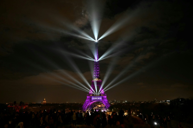 La tour Eiffel illuminée à Paris pour le 58e anniversaire de la chanteuse Céline Dion, le 30 mars 2026 à Paris ( AFP / Anna KURTH )