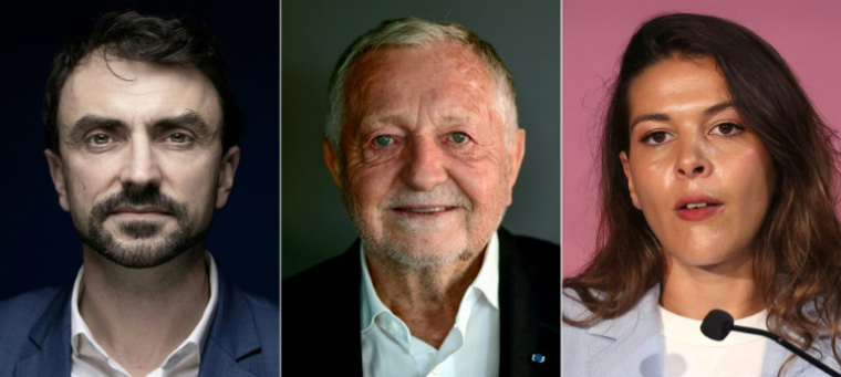 Combinaison, créée le 15 mars 2026, des trois candidats à la mairie de Lyon de gauche à droite: le maire sortant écologiste Grégory Doucet, le candidat de la droite Jean-Michel Aulas, et la candidate de La France insoumise  Anais Belouassa-Cherifi ( AFP / JOEL SAGET )
