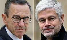 (COMBO) Cette combinaison de photos montre les deux candidats à la présidence du parti Les Républicains: Bruno Retailleau (g), ici le 16 avril 2025 à Paris, et Laurent Wauquiez (d) le 26 novembre 2024 à Paris ( AFP / Ludovic MARIN )