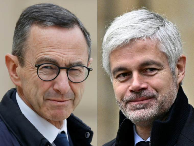 (COMBO) Cette combinaison de photos montre les deux candidats à la présidence du parti Les Républicains: Bruno Retailleau (g), ici le 16 avril 2025 à Paris, et Laurent Wauquiez (d) le 26 novembre 2024 à Paris ( AFP / Ludovic MARIN )