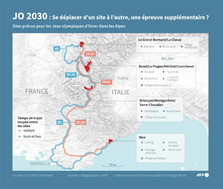 Carte montrant les emplacements des sites prévus pour les Jeux olympiques d'hiver de 2030 dans les Alpes françaises et les temps de trajet de l'un à l'autre ( AFP / Ilan LEVI )