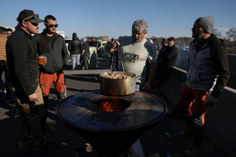 Des agriculteurs préparent un repas lors du blocage d'une portion de l'autoroute A64 à Carbonne, dans le sud-ouest, le 13 décembre 2025  ( AFP / Valentine CHAPUIS )
