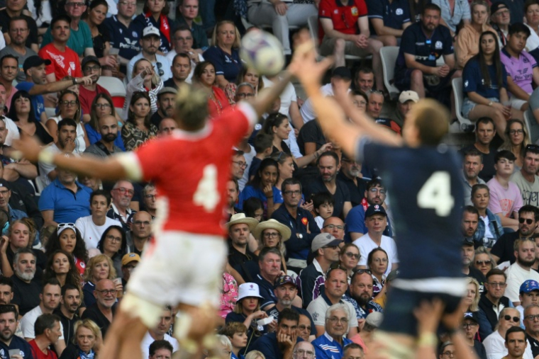 Des spectateurs dans les tribunes du stade de Nice lors d'un match Ecosse-Tonga lors de la coupe du monde de rugby, le 24 septembre 2023 ( AFP / NICOLAS TUCAT )
