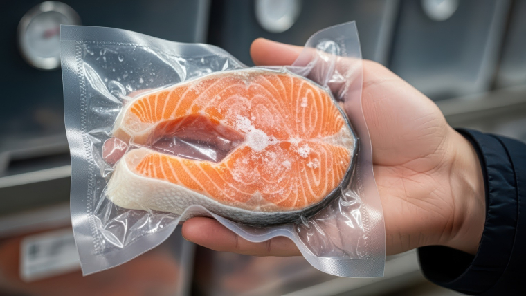 Une &eacute;tude in&eacute;dite montre que la migration de substances depuis des emballages alimentaires en plastique vers le poisson d&eacute;pend de diff&eacute;rents facteurs et varie selon le type de poisson (gras ou maigre). (cr&eacute;dit: Adobe Stock/photo g&eacute;n&eacute;r&eacute;e par IA)