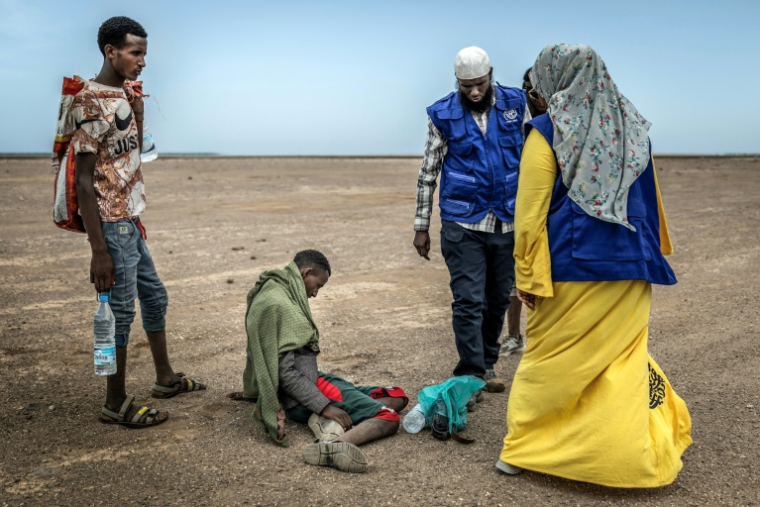 Des membres de l'OIM viennent en aide dans une zone désertique à un migrant épuisé, le 12 avril 2026, près d'Obock, à Djibouti ( AFP / Luis TATO )