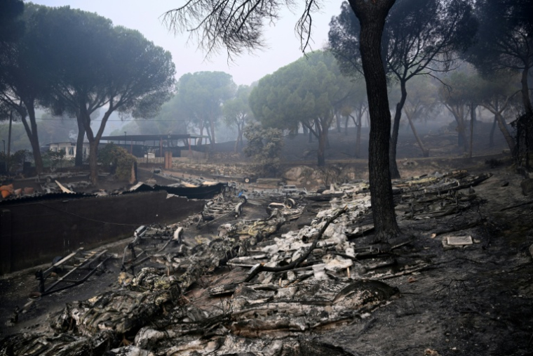Des bateaux fondus sont visibles au barrage de San Juan après qu'un incendie de forêt a ravagé la région, à 65 kilomètres au sud-ouest de Madrid, le 28 juillet 2026 ( AFP / Miguel RIOPA )