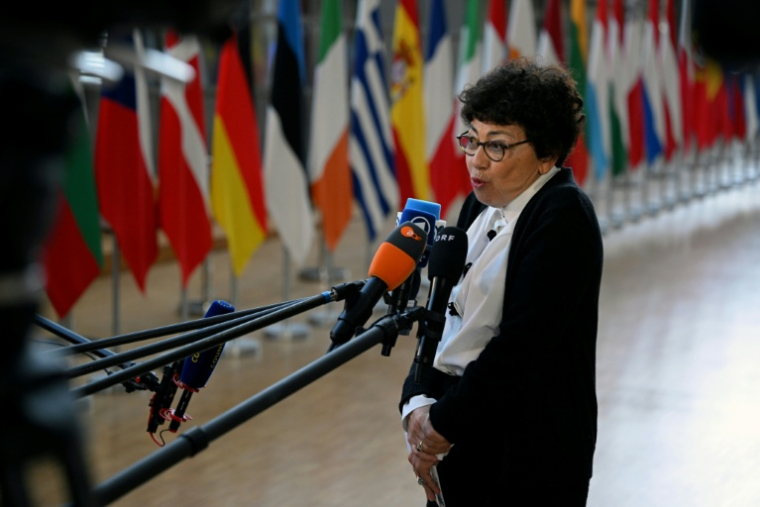 La ministre française de la Transition écologique Monique Barbut fait une déclaration à la presse à Bruxelles, le 4 novembre 2025 ( AFP / Nicolas TUCAT )