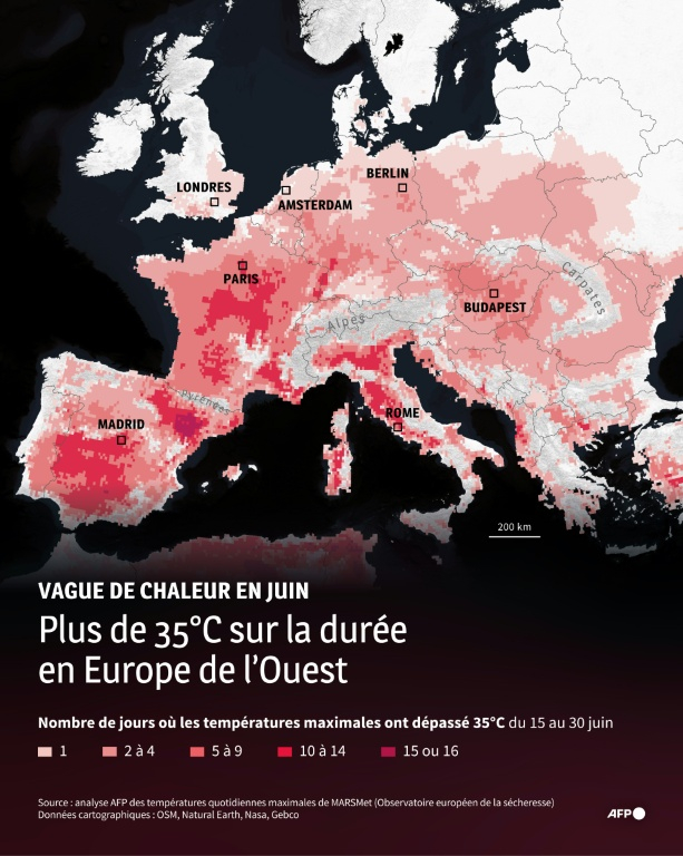 Carte d'Europe montrant le nombre de jours où les températures quotidiennes maximales ont dépassé les 35°C entre le 15 et le 30 juin 2026, selon les données de MARSMEt (Observatoire européen de la sécheresse) analysées par l'AFP ( AFP / Nalini LEPETIT-CHELLA )