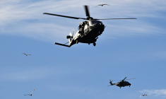 Deux hélicoptères NH90, lors d'un exercice militaire au port d'Hambourg, en septembre 2025 (illustration) ( AFP / TOBIAS SCHWARZ )