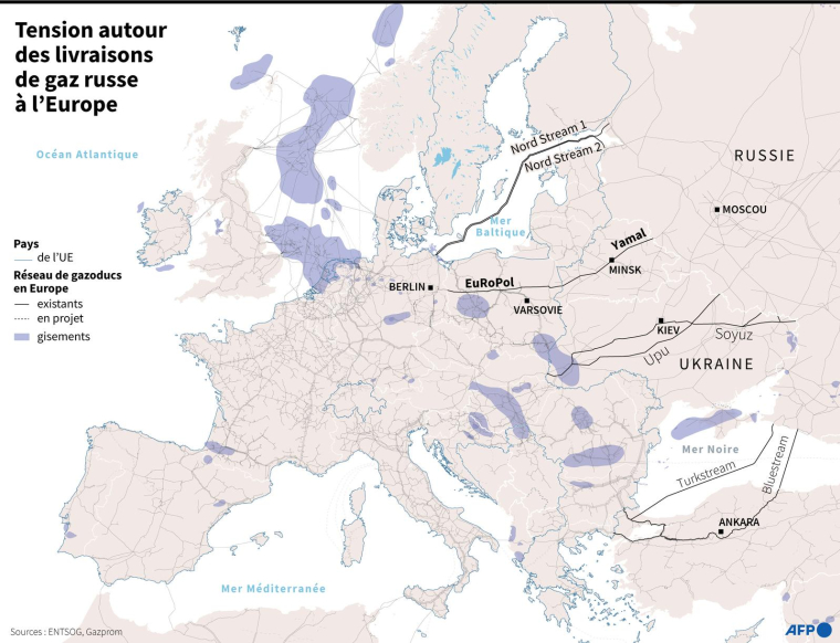 Carte de l'Europe montrant le réseau de gazoducs existants et en projet et mettant en évidence ceux qui arrivent de Russie ( AFP / )