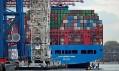 Le cargo "Cosco Shipping Gemini" au terminal à conteneurs "Tollerort" dans le port de Hambourg, en Allemagne