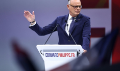 Edouard Philippe, candidat du parti Horizons à la présidentielle, lors d'un meeting de campagne à Paris, le 5 juillet 2026 ( AFP / SIMON WOHLFAHRT )