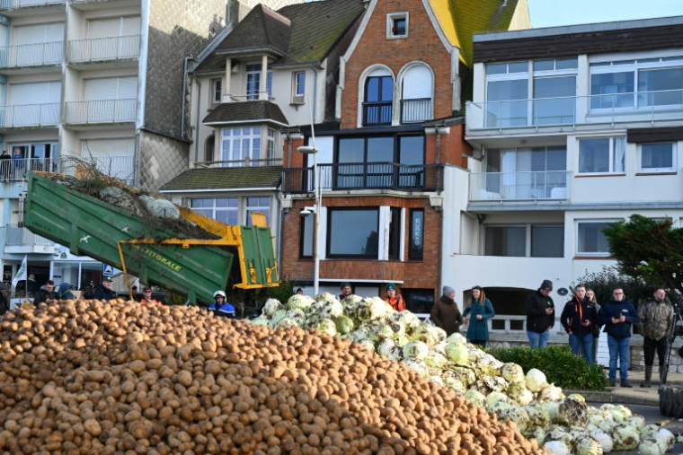 Vendredi, des dizaines d'agriculteurs ont manifesté devant la villa d'Emmanuel Macron au Touquet, dans le Pas-de-Calais, déversant des tonnes de fumier, de pneus et de branchages à l'entrée de la résidence.  ( AFP / Bernard BARRON )