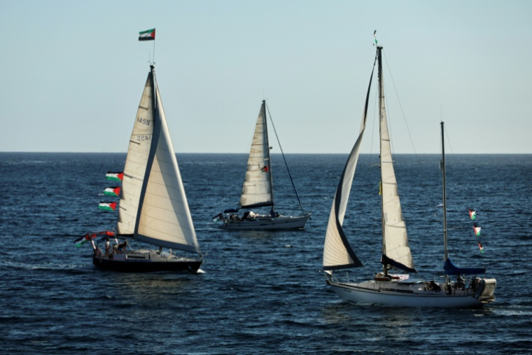 (Photo d'archives) Une flottille transportant de l'aide humanitaire et des activistes propalestiniens et des droits humains part pour Gaza, le 12 septembre 2025 à Ajaccio (France) ( AFP / Pascal POCHARD-CASABIANCA )
