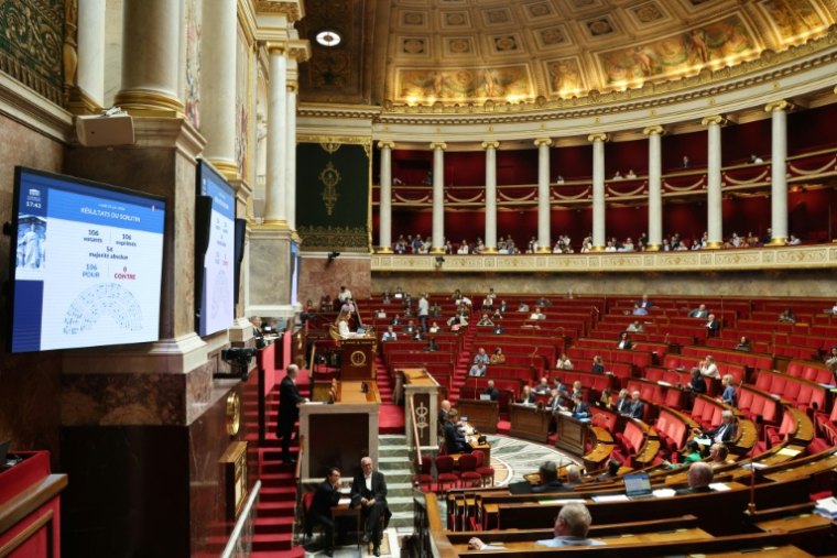 Un écran affiche l'adoption par les députés du premier article de la loi sur la protection de l'enfance et la lutte contre la violence dans les écoles à l'Assemblée nationale, le 1er juin 2026 à Paris ( AFP / Ludovic MARIN )