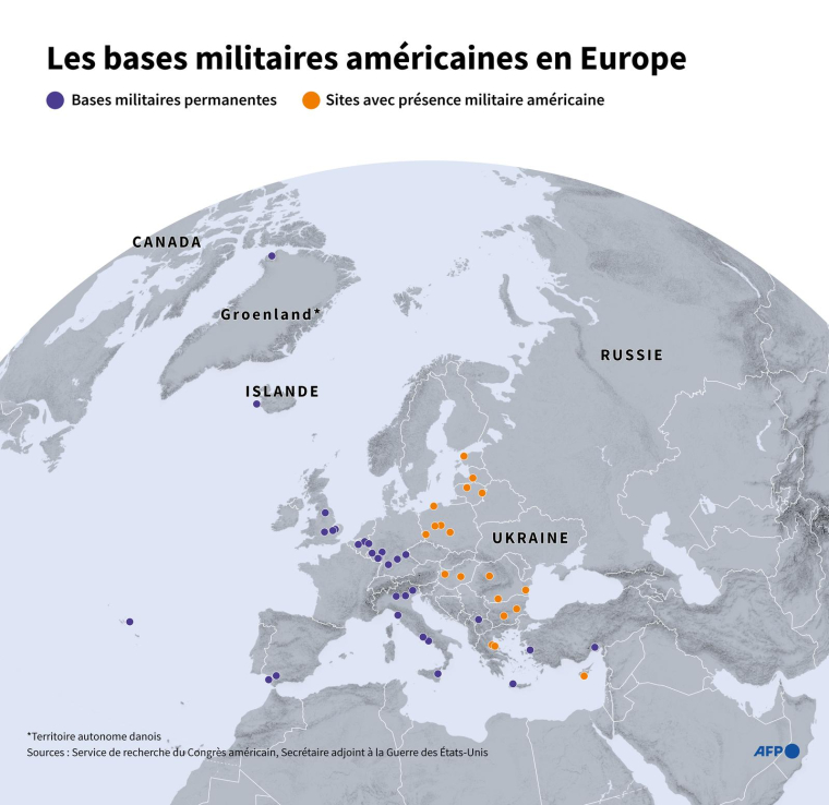 Carte montrant les principales bases militaires américaines et sites avec présence militaire américaine en Europe ( AFP / Jonathan WALTER )