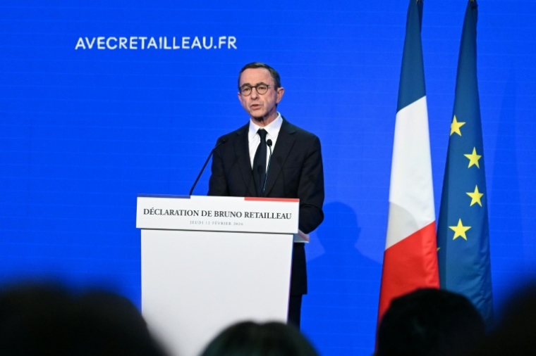 Bruno Retailleau, ancien ministre de l'Intérieur, annonce sa candidature à l'élection présidentielle de 2027, le 12 février 2026 à Paris ( AFP / Bertrand GUAY )