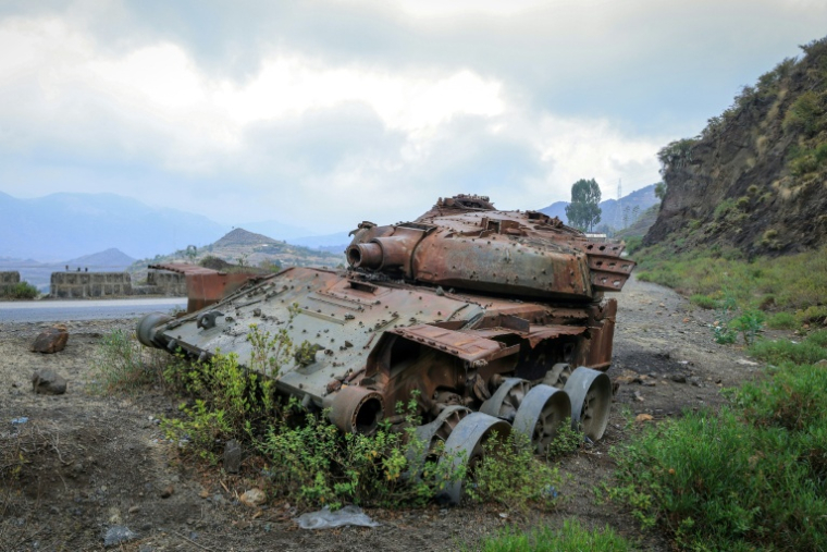 La carcasse calcinée d'un char après des affrontements entre les Forces de défense nationale éthiopiennes (ENDF) et le Front de libération du peuple du Tigré (TPLF) sur une route près de Gereb Agew, le 3 mars 2026 en Ethiopie ( AFP / Abel Gerezgiher )