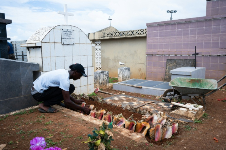 Un homme dispose des coquillages sur une tombe dans le cimetière de Sainte-Rose-de-Lima, à Sainte-Rose en Guadeloupe, le 31 octobre 2025 ( AFP / Carla Bernhardt )