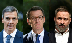 Le Premier ministre socialiste espagnol Pedro Sanchez (à gauche), le 29 juillet 2025 à Palma de Majorque), le chef du Parti populaire Alberto Nunez Feijoo (au centre), à Madrid le 28 juillet 2022, et celui du parti Vox Santiago Abascal, le 10 juillet 2023 à Madrid ( AFP / JAIME REINA )
