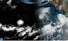 Vue satellite des trois ouragans Lowell, Karina et Marie au-dessus de l'océan Pacifique le 2 septembre 2026 (images de la NOAA, l'Agence américaine d'observation océanique et atmosphérique ( NOAA / Handout )