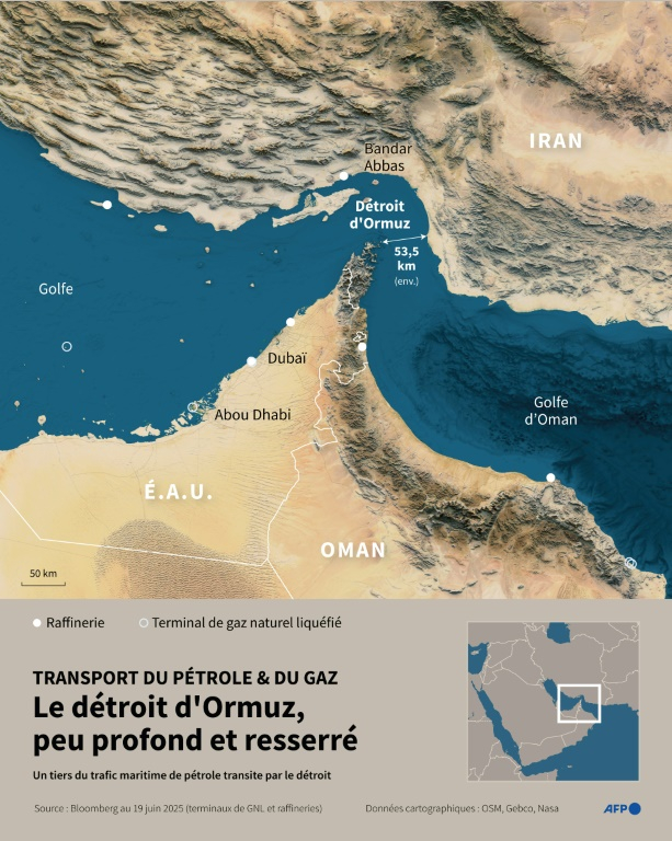 Carte du détroit d'Ormuz montrant notamment la profondeur de l'eau dans la zone ( AFP / Nalini LEPETIT-CHELLA )