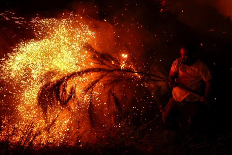 Un homme tente d'éteindre un incendie de forêt à l'aide d'une branche d'arbre à Trancoso, au Portugal, le 12 août 2025 ( AFP / PATRICIA DE MELO MOREIRA )