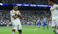 L'attaquant du Real Madrid Kylian Mbappé après son deuxième but contre l'OM en Ligue des champions, le 15 septembre 2025 au stade Bernabeu ( AFP / Thomas COEX )