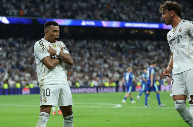 L'attaquant du Real Madrid Kylian Mbappé après son deuxième but contre l'OM en Ligue des champions, le 15 septembre 2025 au stade Bernabeu ( AFP / Thomas COEX )