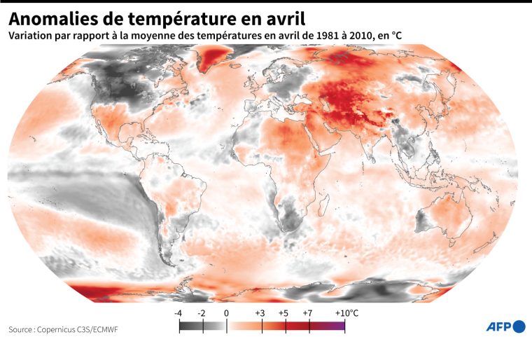 Carte mondiale des anomalies de températures enregistrées en avril 2022 ( AFP / )