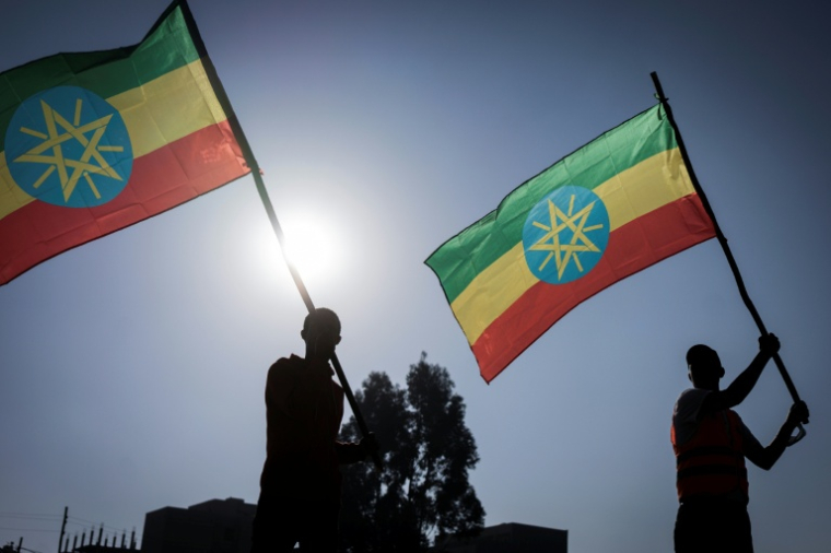 Des recrues de l'armée éthiopienne brandissent le drapeau national à Addis Abeba le 24 novembre 2021 ( AFP / Amanuel Sileshi )