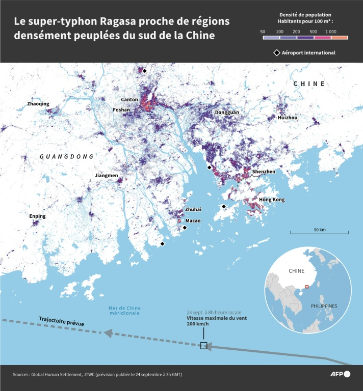 Carte de la trajectoire du typhon Ragasa qui s'approche des régions très peuplées du sud de la Chine, au 24 septembre ( AFP / Nicholas SHEARMAN )