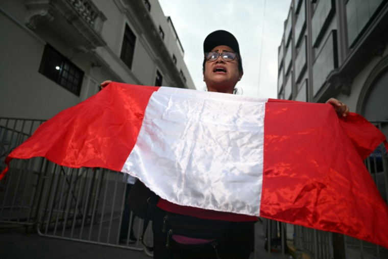 Une femme brandissant un drapeau péruvien proteste devant les locaux de l’Office national des processus électoraux (ONPE), à Lima, le 13 avril 2026 ( AFP / ERNESTO BENAVIDES )