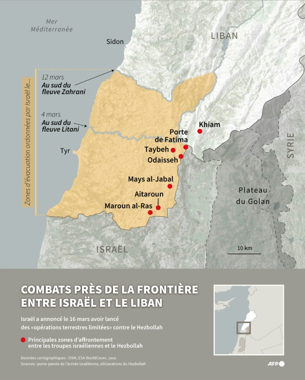 Carte du sud du Liban montrant les principales zones d'affrontement entre Israël et le Hezbollah pro-iranien ( AFP / Omar KAMAL )