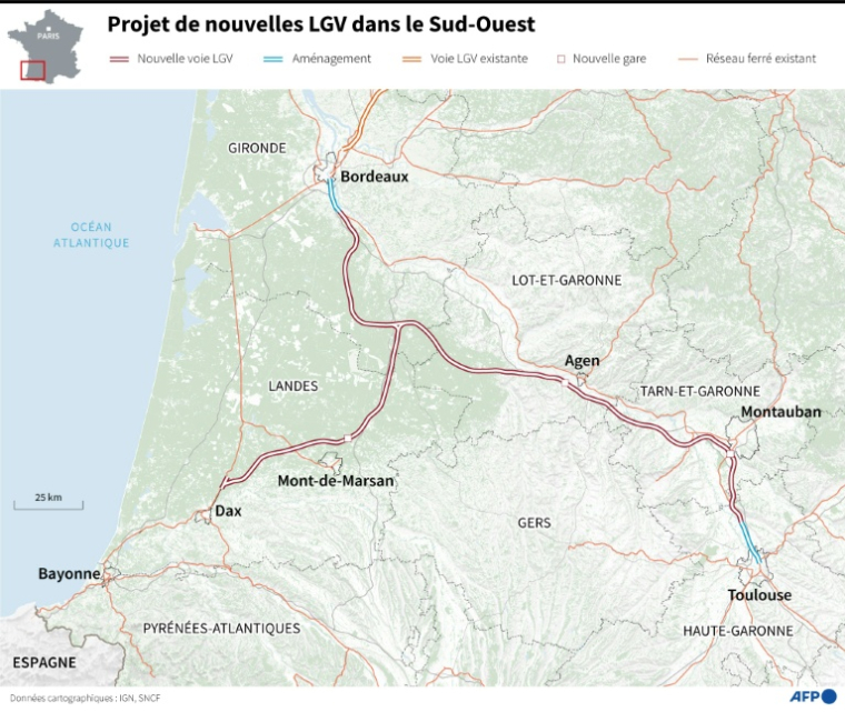 Carte du Sud-Ouest de la France montrant le projet de LGV qui doit relier Bordeaux à Dax et à Toulouse ( AFP / Sophie RAMIS )