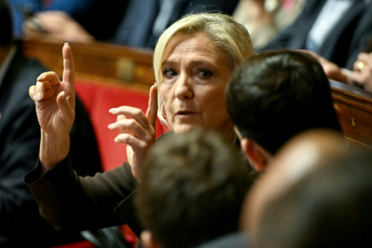 Marine Le Pen (c), présidente du groupe RN, lors de la journée réservée à l'Assemblée nationale, le 8 octobre 2026 à Paris ( AFP / LOU BENOIST )