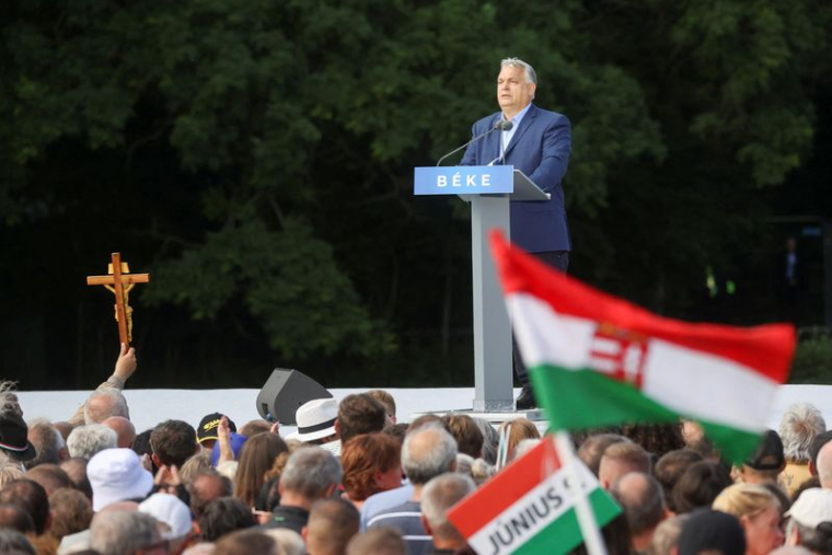Le Premier ministre hongrois Viktor Orban lors d'un rassemblement pro-gouvernemental,  à Budapest