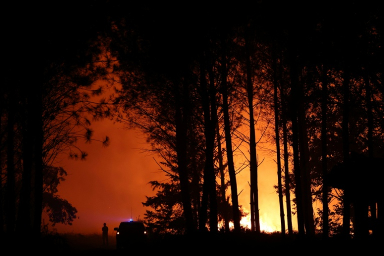 Des pompiers luttent contre un incendie de forêt à Luglon, le 13 août 2026 dans les Landes ( AFP / ROMAIN PERROCHEAU )