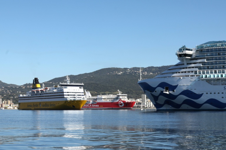 SDes navires de Corsica Linea, de Corsica Ferries et le paquebot Sun Princess attendent alors que des pêcheurs bloquent l'entrée du port d'Ajaccio, le 7 avril 2026 en Corse ( AFP / Pascal POCHARD-CASABIANCA )