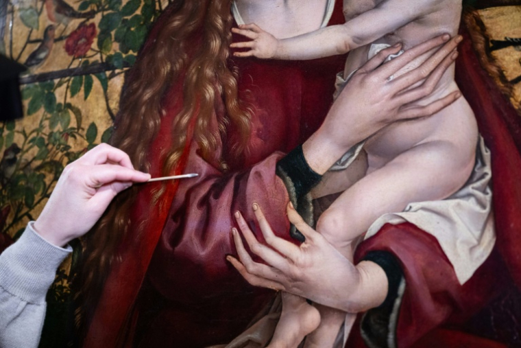 Une experte travaille à la restauration de la "Vierge au buisson de roses" peinte par l'artiste allemand Martin Schongauer en 1473, à l'église des Dominicains de Colmar, le 5 mars 2026 dans le Haut-Rhin ( AFP / SEBASTIEN BOZON )