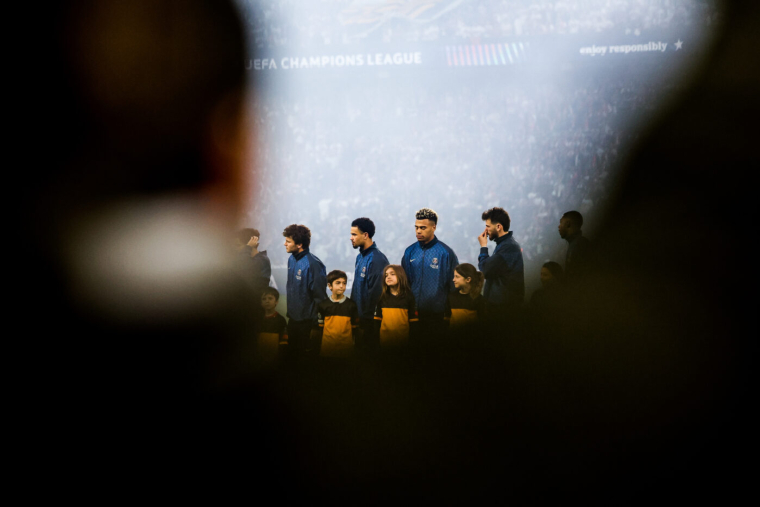 Joao NEVES, Warren ZAIRE-EMERY, Desire DOUE and Khvicha KVARATSKHELIA of PSG prior the UEFA Champions League match between Paris SG and Bayern Munich at Parc des Princes on April 28, 2026 in Paris, France. (Photo by Johnny Fidelin/Icon Sport)  - Photo by Icon Sport