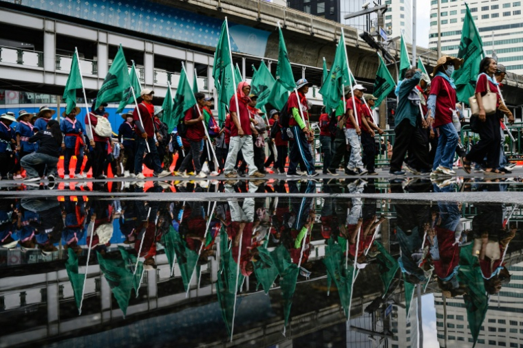Des manifestants opoosés au FMI et à la Banque mondiale à Bangkok, le 16 octobre 2026, en Thaïlande ( AFP / ANTHONY WALLACE )