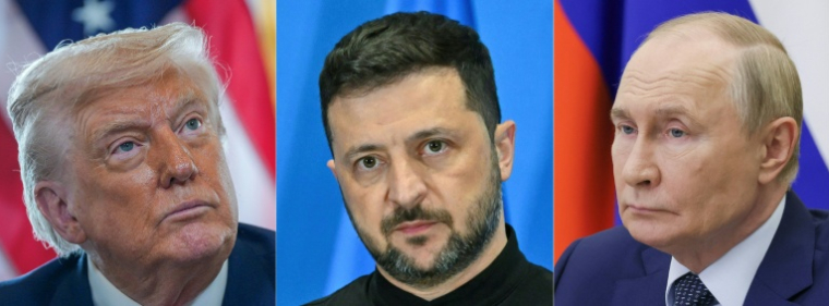 Un combo photo créé le 14 août 2025 montrant Donald Trump, Volodymyr Zelensky et Vladimir Poutine ( POOL / Christopher Furlong )