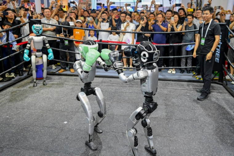 Des visiteurs regardent un combat de boxe entre robots lors de la World AI Conference (WAIC), le 26 juillet 2025 à Shanghai    ( AFP / - )