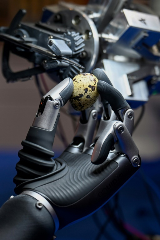 Un robot humanoïde tient un oeuf entre ses doigts lors de la World AI Conference (WAIC), le 26 juillet 2025 à Shanghai    ( AFP / - )
