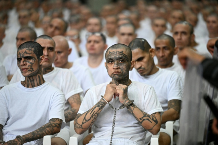 Des membres présumés du gang Mara Salvatrucha (MS-13) assistent à une audience à distance par vidéoconférence au Centre de détention pour terroristes (CECOT) de Tecoluca, au Salvador, le 23 avril 2026, lors d'un procès collectif ( AFP / MARVIN RECINOS )